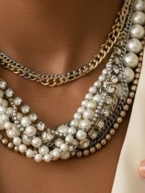 Loft Multi Strand Necklace with Faux Pearls, Chain and Rhinestones
